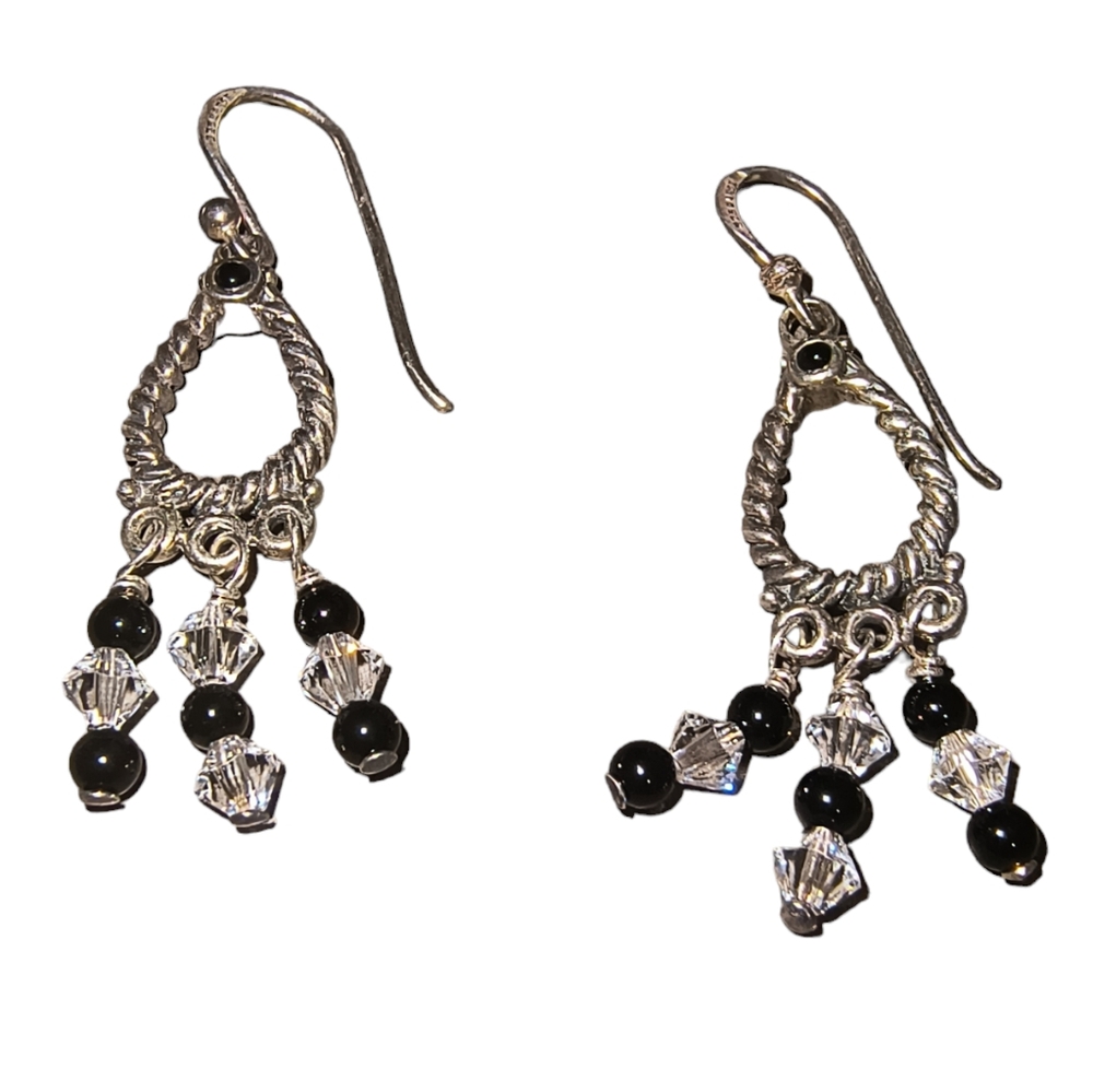Barse Vintage Onyx, Crystal & 925 Sterling Silver Chandelier Earrings